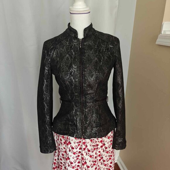 WHBM women Petite Jacket 0 Foiled Denim Python Print Peplum snakeskin pattern - Picture 1 of 15